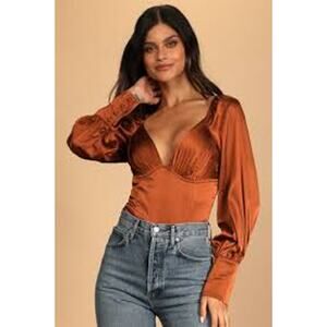 2/$30 Lulus Small Womens Always You and Me Copper Satin Long Sleeve Bodysuit